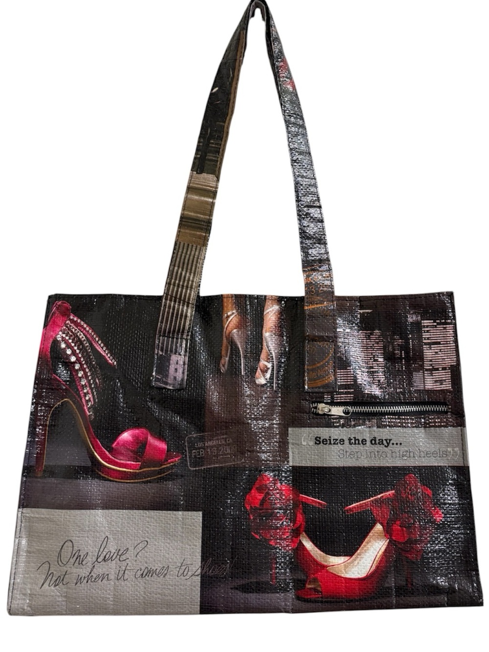 Textured shiny vinyl high heel themed shopper tote